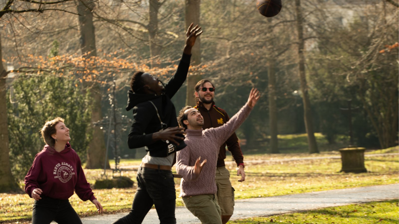 Vier Personen beim Ballspielen im Park